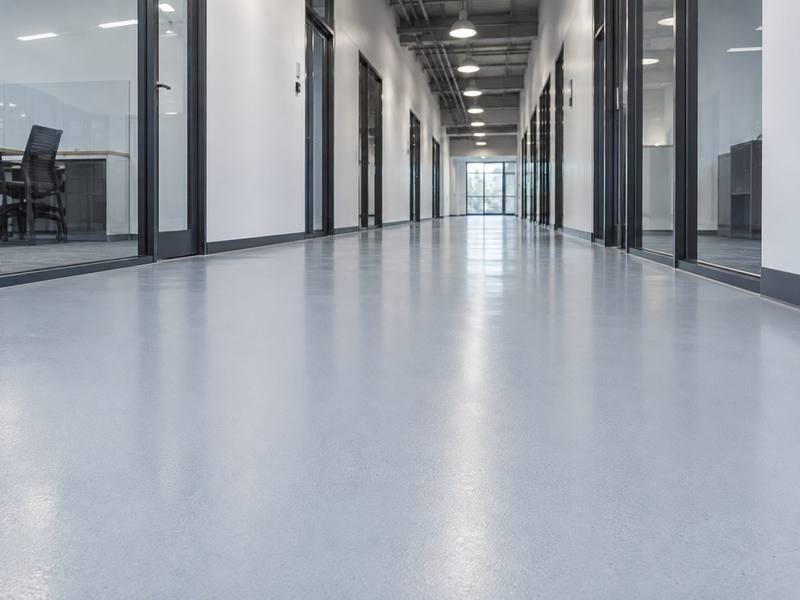 Light grey epoxy floor down an office hallway in Kingston