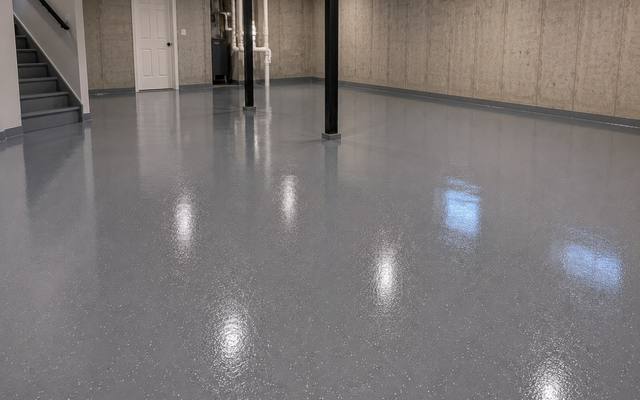 Grey flake epoxy floor in a large basement in Kingston, Ontario