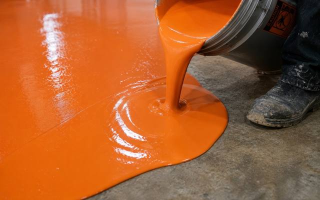 Orange epoxy being poured onto a prepared slab in Kingston