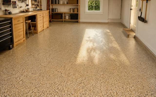 Tan flake epoxy floor in a home workshop in Kingston