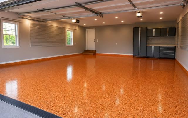 Orange flake epoxy floor in a double garage in Kingston