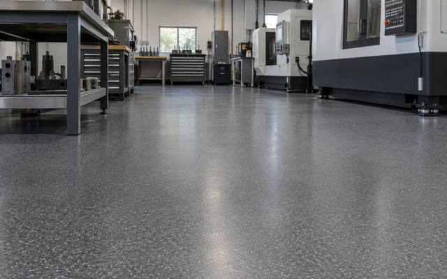 Grey flake epoxy floor in a machine shop toolroom in Kingston