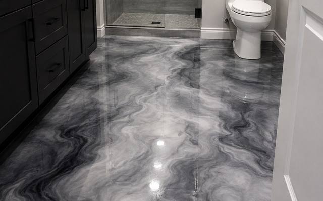 Grey marbled metallic epoxy floor in a bathroom in Kingston