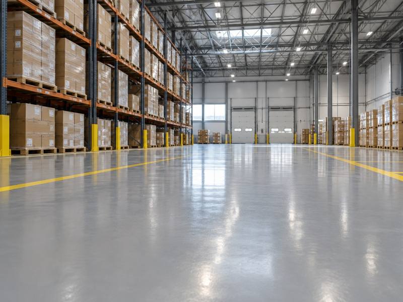 Glossy epoxy floor down a racked distribution aisle in Eastern Ontario